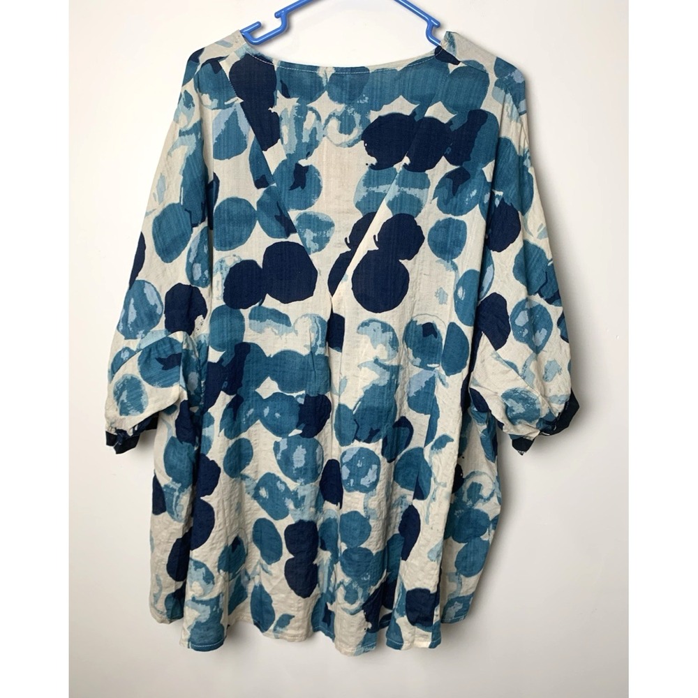 NEW Artsy Lagenlook Linen Top Womens One Size Abstract Blue Print HiLow - Picture 8 of 14